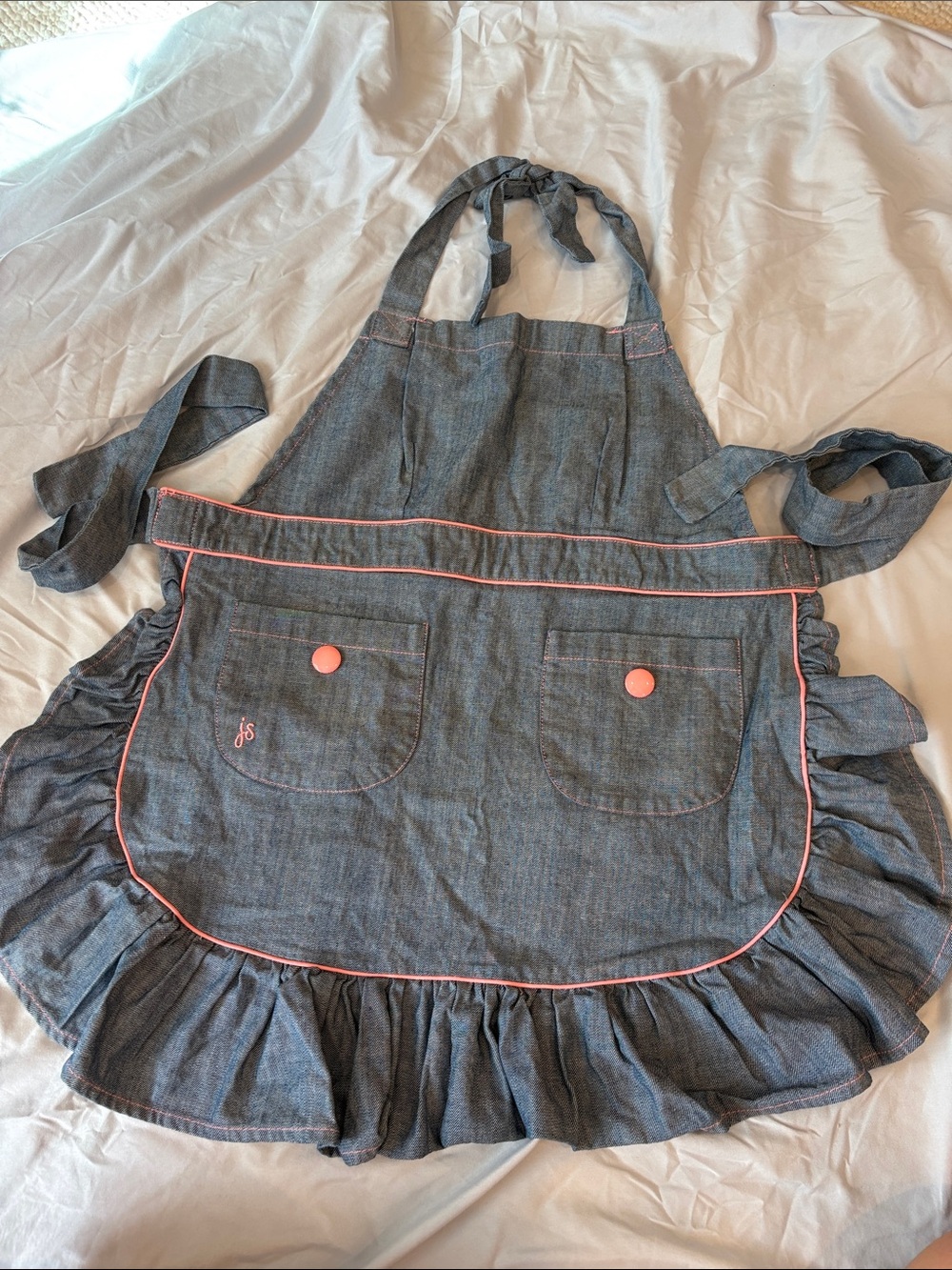 Jessie Steele Denim Ruffle Apron with Pink Trim